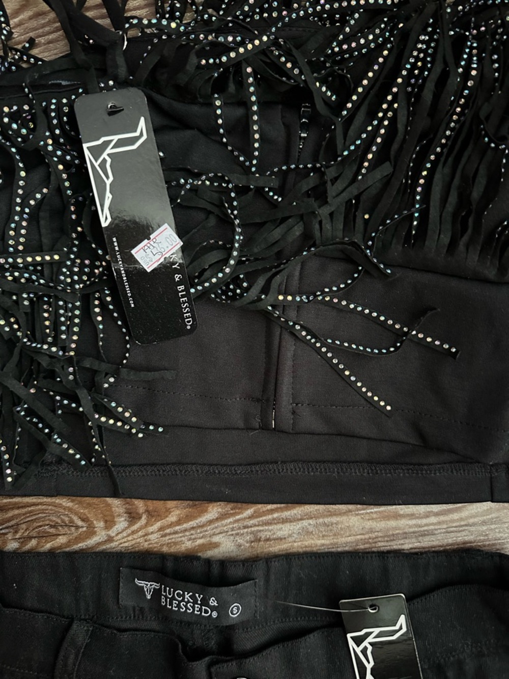 Lucky & Blessed Black Fringe Crop Top and Wide Leg Pants Set - Picture 3 of 3